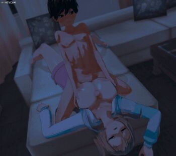 1boy 1girl 3d age_difference aged_down animated animated_gif blonde_hair boy_on_top breasts breasts_out censored clothed_female_nude_male completely_nude couch cum cum_on_body cum_on_breasts cum_on_upper_body ejaculation excited facial grabbing_another's_breast green_hair groping harada4780 height_difference hetero ichijou_haruhiko kawakami_mai kneeling koikatsu koikatsu_(medium) large_breasts lying mosaic_censoring musaigen_no_phantom_world night nipples nude on_back onee-shota paizuri penis pillow rape short_hair shorts shota size_difference sleep_molestation sleeping stealth_sex sweater thick_thighs thighs