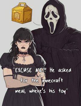 1boy 1girl absurdres ankh_necklace black_choker black_cloak black_dress black_eyes black_eyeshadow black_gloves black_hair black_lips black_nails bracelet choker cloak closed_mouth commentary crescent crescent_earrings crossed_arms detached_sleeves dress earrings english_commentary english_text excuse_me_he_asked_for_no_pickles_(meme) eyeshadow face_piercing fingernails fishnet_sleeves fishnets furrowed_brow ghostface gloves goth_fashion height_difference highres jewelry lipstick long_hair looking_at_viewer makeup mask mcdonald's meme minecraft nail_polish nose_piercing nose_ring piercing pout puffy_short_sleeves puffy_sleeves ring scream_(movie) short_sleeves spiked_bracelet spikes spoken_object yoracrab