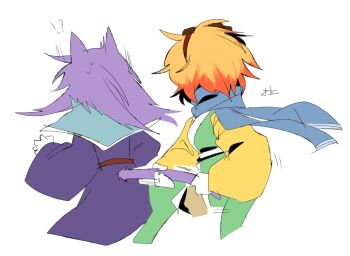 !? 1girl 1other animal_ears belt blue_capelet blue_scarf breasts capelet cat_ears cat_tail clause_(len&#039;en) coat colored_skin commentary english_commentary genderswap genderswap_(otf) green_kimono hairband japanese_clothes kimono len&#039;en ling_s long_hair long_sleeves medium_breasts orange_hair purple_coat purple_hair red_belt red_hairband scarf simple_background sketch surprised sweat tail tail_pull white_background white_skin white_trim yellow_sleeves zuifeng_tenkai