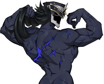 Rule 34 | 1boy, absurdres, arms up, ass, back, back muscles, bara, black hair, black helmet, black skin, capitano (genshin impact), colored skin, commentary, english commentary, genshin impact, helmet, highres, holding, holding own hair, long hair, male focus, multiple scars, muscular, muscular male, panchyandmaggi, pectorals, scar, scars all over, sidepec, simple background, too many, white background