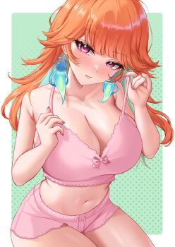 1girl aqua_hair blush bow bra breasts cleavage collarbone colored_inner_hair earrings highres hololive hololive_english jewelry long_hair multicolored_hair navel orange_hair pink_bow pink_bra pink_nails purple_eyes solo stomach strap_pull takanashi_kiara underwear velvet_noir virtual_youtuber
