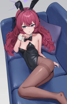 1girl absurdres alternate_costume animal_ears arm_behind_back armpit_crease bare_arms bare_shoulders black_bow black_bowtie black_hairband black_leotard blue_archive bow bowtie breasts brown_pantyhose collarbone commentary couch covered_navel detached_collar fake_animal_ears feet_out_of_frame from_above grey_background grey_eyes hair_between_eyes hair_bow hairband halo hand_on_own_chin hand_up highres iroha_(blue_archive) legs_together leotard light_blush long_hair looking_at_viewer lying no_shoes on_couch on_side pantyhose parted_lips pillow playboy_bunny purple_halo rabbit_ears red_hair simple_background small_breasts solo strapless strapless_leotard thighband_pantyhose wavy_hair wrist_cuffs yakishio_(yakishio_236)
