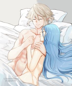 1boy 1girl azura_(fire_emblem) blue_hair couple fire_emblem fire_emblem_fates grey_hair hair_between_eyes hetero highres long_hair male_corrin_(fire_emblem) nintendo pointy_ears sierra117renner very_long_hair