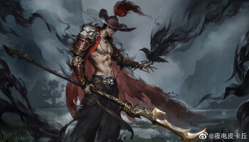 1boy abs armor baggy_pants bare_pectorals belt belt_buckle bird bird_on_hand black_hair black_hat black_pants bracer brown_belt buckle cape character_request chinese_commentary cliff closed_mouth cloud cloudy_sky collarbone commentary_request crown darkness feet_out_of_frame glaive_(polearm) hat hat_feather highres holding holding_polearm holding_weapon jewelry lips looking_at_another male_focus navel necklace no_nipples outdoors outstretched_hand pants pauldrons pectorals polearm pond rain realistic red_cape short_hair shoulder_armor sky solo standing stomach storm toned toned_male torn_cape torn_clothes tree watermark weapon weibo_watermark wet wide_brim wolf ye_dian_pikaqiu yong_jie_wujian