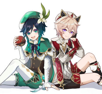 2boys absurdres androgynous bard beret black_gloves black_hair black_shorts blue_hair braid brown_corset cape cecilia_flower_(genshin_impact) closed_mouth collared_cape corset dahlia_(genshin_impact) flower genshin_impact gloves gradient_hair green_cape green_eyes green_hat green_shorts hair_between_eyes hat highres long_sleeves looking_at_viewer mihoyo multicolored_hair multiple_boys open_mouth pantyhose pink_hair purple_eyes saigawa_genshin shirt short_hair short_hair_with_long_locks shorts simple_background smile twin_braids venti_(genshin_impact) white_flower white_hat white_pantyhose white_shirt