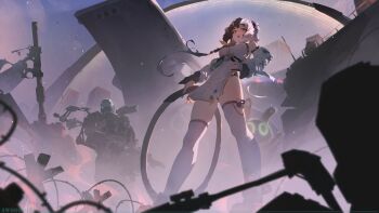 1boy absurdres animal_print awoodden bangboo_(zenless_zone_zero) bear_print black_hair blurry blurry_foreground braid braided_twintails brown_eyes chakram china_dress chinese_clothes commentary dialyn_(zenless_zone_zero) dress english_commentary from_below hair_extensions highres holding holding_weapon legs_apart long_hair looking_at_viewer multicolored_hair necktie open_mouth panda_print pelvic_curtain ring_hair_extensions sparkling_eyes split-color_hair standing thighhighs weapon white_hair white_thighhighs wire yellow_necktie zenless_zone_zero