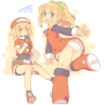 2girls 7010 ass blonde_hair blue_eyes blush boots cropped_jacket dress female_focus green_eyes hat mega_man_(classic) mega_man_(series) mega_man_legends_(series) multiple_girls open_mouth panties ponytail roll_(mega_man) roll_caskett_(mega_man) sitting underwear white_panties