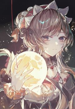 1girl black_background black_collar black_ribbon blue_eyes brown_hair collar detached_collar expressionless fuyu_gn genshin_impact hair_bun hair_ribbon headdress long_sleeves moon ribbon sandrone_(genshin_impact) sidelocks string_around_finger upper_body