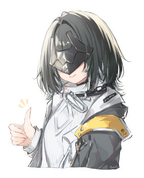 Rule 34 | 1girl, absurdres, arknights, arknights: endfield, black coat, black hair, black mask, closed mouth, coat, commentary request, endministrator (arknights), eye mask, facing viewer, female endministrator (arknights), highres, long sleeves, mask, medium hair, open clothes, open coat, sana (sanamaru 0w0), signature, simple background, smile, solo, sweater, thumbs up, upper body, white background, white sweater