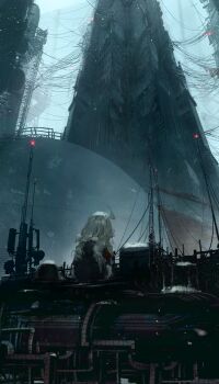 1girl absurdres ahoge blonde_hair cable cancer.b0ss chinese_commentary coat combat_helmet commentary from_behind fur-trimmed_coat fur_trim grand_scale green_coat helmet highres industrial long_hair machinery megastructure radio_antenna scenery shoujo_shuumatsu_ryokou sitting snow snowing solo tower unworn_headwear unworn_helmet wide_shot wire yuuri_(shoujo_shuumatsu_ryokou)