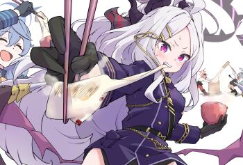 4girls ahoge ako_(blue_archive) black_gloves black_halo blue_archive blue_hair breasts chinatsu_(blue_archive) commentary_request demon_girl demon_horns demon_wings eating food gloves grey_hair halo highres hina_(blue_archive) horns iori_(blue_archive) long_hair low_wings medium_hair mochi mosuke1221 multiple_girls open_mouth orange_hair prefect_team_(blue_archive) red_eyes simple_background small_breasts twintails upper_body very_long_hair white_hair wings