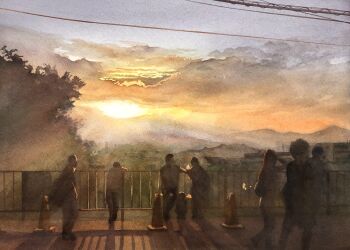 3girls 5boys building cloud cloudy_sky day highres kazuyuki_hashimoto morning mountainous_horizon multiple_boys multiple_girls original outdoors painting_(medium) railing scenery sky sunrise traditional_media traffic_cone