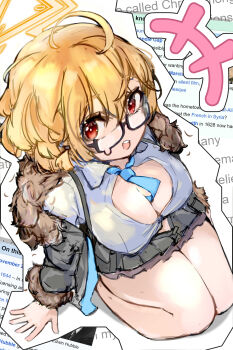 +++ 1girl :d absurdres ahoge between_breasts black-framed_eyewear black_jacket black_skirt blonde_hair blue_archive blue_necktie breasts cleavage clothes_between_breasts collared_shirt commentary english_commentary english_text fur-trimmed_jacket fur_trim glasses halo highres jacket kotori_(blue_archive) large_breasts medium_hair miniskirt necktie necktie_between_breasts open_clothes open_jacket open_mouth pleated_skirt red_eyes sam_szero seiza semi-rimless_eyewear shirt sitting skirt smile solo teardrop-framed_glasses thighs under-rim_eyewear white_shirt wikipedia yellow_halo