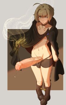 1boy ahoge androgynous artist_name blonde_hair boots bulge choker cloak closed_mouth collarbone foreskin frown full_body highres huge_penis looking_at_viewer magic navel penis penis_out precum shadow short_hair short_shorts shorts sidelocks standing sulcate thighs trap veins veiny_penis yellow_eyes