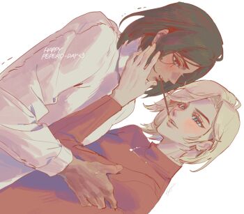 2girls baekryang blonde_hair blue_eyes blush breasts brown_lips collarbone couple dark-skinned_female dark_skin dated eye_contact eye_of_horus facial_mark facial_tattoo food food_in_mouth highres holding holding_food holding_pocky incoming_pocky_kiss lips long_sleeves looking_at_another looking_at_viewer mercy_(overwatch) mouth_hold multiple_girls nail_polish nose open_mouth overwatch pharah_(overwatch) pocky pocky_day pocky_in_mouth pocky_kiss shared_food shirt short_hair signature simple_background smile tattoo upper_body white_background yuri