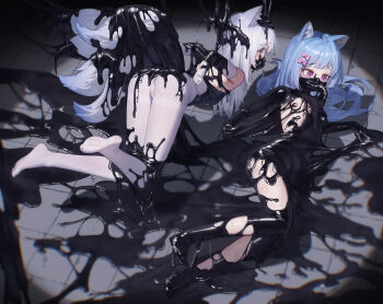2girls absurdres animal_ear_fluff animal_ears artist_request blue_eyes blue_hair breasts highres long_hair multiple_girls nipples original pantyhose pink_ribbon purple_eyes restrained ribbon slime_(substance) small_breasts sticky suspension tail very_long_hair white_hair white_pantyhose