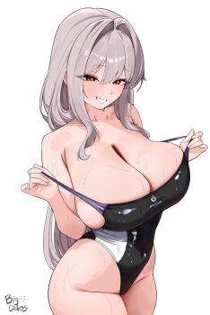 1girl absurdres artist_name bare_shoulders big_ddos black_one-piece_swimsuit breasts brown_eyes clothes_pull collarbone commentary curvy english_commentary goddess_of_victory:_nikke grey_hair grin groin hair_intakes highleg highleg_one-piece_swimsuit highres huge_breasts long_hair one-piece_swimsuit one-piece_swimsuit_pull scarlet_(nikke) simple_background smile solo swimsuit very_long_hair wet white_background