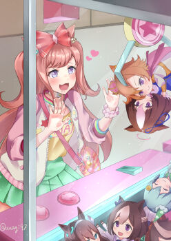 1girl absurdres agnes_digital_(casual)_(umamusume) agnes_digital_(umamusume) animal_ears bag blue_eyes bow bracelet casual character_doll character_request choker commentary_request crane_game doll drooling green_skirt hair_bow heart highres horse_ears horse_girl jacket jewelry long_hair meisho_doto_(umamusume) mihono_bourbon_(umamusume) open_mouth pink_hair pink_jacket seiun_sky_(umamusume) shirt short_sleeves skirt sodemaru_unagi solo special_week_(umamusume) symboli_rudolf_(umamusume) t.m._opera_o_(umamusume) twitter_username two_side_up umamusume yellow_shirt