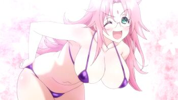 10s 1girl animated animated_gif arahabaki_nonko bikini bouncing bouncing_breasts breasts glasses green_eyes huge_breasts long_hair pink_hair purple_bikini swimsuit yuragisou_no_yuuna-san