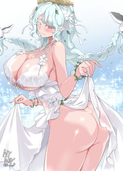 1girl alternate_costume ass bird bird_nest blush braid breasts cleavage clothes_lift colored_eyelashes dress dress_lift goddess_of_victory:_nikke green_hair hair_lift highres huge_ass huge_breasts large_breasts lifting_own_clothes long_hair looking_at_viewer looking_back mole mole_under_mouth nest nest_on_head no_panties nyan_(themare) official_alternate_costume one_eye_closed purple_eyes smile solo thick_thighs thighs trina_(natural_white)_(nikke) trina_(nikke) twin_braids very_long_hair white_dress