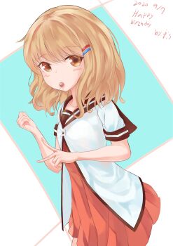 1girl 2020 absurdres blonde_hair brown_eyes brown_sailor_collar buttons candy cowboy_shot dress fang flat_chest food hair_ornament hairclip hands_up happy_birthday highres keibi_inu looking_at_viewer nanamori_school_uniform oomuro_sakurako parallel_hairclips pleated_dress red_dress sailor_collar sailor_shirt school_uniform shirt short_sleeves simple_background solo v white_shirt yuruyuri