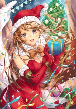 1girl absurdres bow bowtie bracelet breasts brown_bow brown_bowtie brown_hair christmas christmas_tree cleavage colorful commentary_request confetti cowboy_shot dress earrings elbow_gloves floating_hair fur-trimmed_gloves fur_trim gift gloves hat highres holding holding_gift jewelry large_breasts long_hair looking_at_viewer marker_(medium) open_mouth original parted_bangs pom_pom_(clothes) pom_pom_earrings purple_eyes red_dress red_gloves santa_hat smile solo standing strapless strapless_dress traditional_media very_long_hair wrist_belt yukki59829