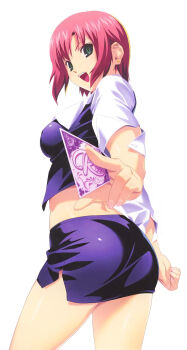 1girl ass breasts card cowboy_shot earrings female_focus green_eyes highres holding holding_card jewelry koutaro looking_at_viewer midriff official_art open_mouth outstretched_arm pencil_skirt pink_hair rio_rollins short_hair short_sleeves side_slit simple_background skirt solo super_blackjack white_background