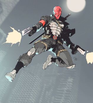 1boy bat_signal batman_(series) batman_symbol black_bodysuit bodysuit commentary dc_comics dexter_soy english_commentary full_body gloves grey_bodysuit helmet jason_todd male_focus mask multicolored_bodysuit muscular red_hood_and_the_outlaws red_mask simple_background solo standing superhero_costume sword taut_bodysuit two-tone_bodysuit weapon western_comics_(style) white_eyes