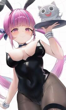 00s1g00 1girl absurdres ahoge alternate_costume animal_ears aqua_hair bare_shoulders black_bow black_bowtie black_hairband black_leotard black_pantyhose black_thighhighs blue_ribbon blush bow bowtie braid breasts breasts_apart closed_mouth collar colored_inner_hair commentary_request covered_navel curly_hair detached_collar drooling fingernails fishnet_thighhighs fishnets grid_background hair_ribbon hairband highres holding holding_tray hololive large_breasts leotard long_hair looking_at_viewer minato_aqua multicolored_hair neko_(minato_aqua) pantyhose pink_eyes pink_hair playboy_bunny rabbit_ears ribbon shiny_clothes shiny_skin strapless strapless_leotard streaked_hair sweat thighhighs thighhighs_over_pantyhose thighs tray twintails two-tone_hair virtual_youtuber wavy_background white_background white_collar white_wrist_cuffs wrist_cuffs