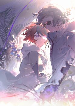 2boys absurdres aotsuki_eito black_hair blue_eyes blue_flower cathon613 chinese_commentary closed_eyes closed_mouth commentary_request drawstring flower grey_hair grey_jacket hair_between_eyes high_collar highres hood hood_down hoodie jacket jacket_over_hoodie light_particles long_sleeves male_focus multicolored_hair multiple_boys open_clothes open_jacket plant red_hair short_hair signature sparkle streaked_hair sumino_takumi sunglasses the_hundred_line_-last_defense_academy- two-tone_hair vase white_hoodie white_jacket