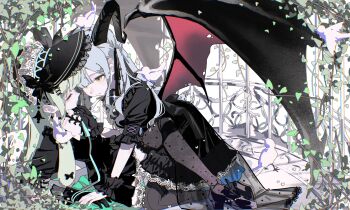 Rule 34 | 2girls, absurdres, animal ears, arknights, bang dream!, bang dream! it's mygo!!!!!, bird, black bonnet, black dress, black gloves, black pantyhose, black ribbon, black shoes, black thighhighs, black wings, black wrist cuffs, blue hair, bonnet, broken mirror, chinese commentary, closed eyes, commentary, demon tail, doll joints, dress, floating hair, full body, gloves, green hair, hair ornament, hair ribbon, high heels, highres, horns, joints, long hair, looking at another, macha bafei, mirror, multiple girls, pantyhose, puffy short sleeves, puffy sleeves, rabbit ears, rabbit girl, ribbon, shoes, short sleeves, sidelocks, single glove, tail, thighhighs, togawa sakiko, togawa sakiko (master of melodia), wakaba mutsumi, wakaba mutsumi (marionette's id), wings, wrist cuffs, x hair ornament, yellow eyes, yuri