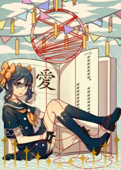 1girl absurdres black_boots black_gloves black_sailor_collar black_serafuku black_shirt black_skirt blue_background blue_eyes blue_hair book boots bow cloud commentary_request feet_up fox_(770205490) from_side gloves hair_bow highres holding holding_string knee_boots looking_to_the_side multiple_hair_bows neckerchief object_request open_book open_mouth oversized_object rain sailor_collar school_uniform serafuku shirt short_hair sitting skirt solo string string_of_flags yellow_bow yellow_neckerchief yukariki_ichihime zaregoto_series