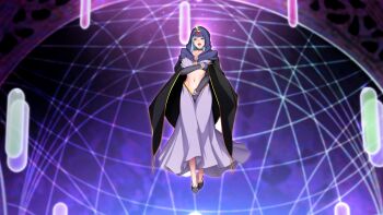 Rule 34 | 1girl, blue hair, breasts, bridal gauntlets, cape, cleavage, cloak, covering breasts, covering privates, dress, floating, full body, game cg, hood, hooded cloak, large breasts, large variant set, lunaris (lunaric angels), midriff, nanao (mahaya), navel, non-web source, ochite iku seisenshi lunatic angels, official art, open mouth, purple hair, red eyes, self-datamine, solo, variant set