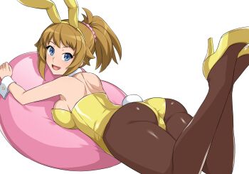 1girl :d animal_ears ass blue_eyes breasts brown_hair brown_pantyhose commentary_request detached_collar fake_animal_ears fake_tail from_behind gundam gundam_build_fighters gundam_build_fighters_try haruhisky high_heels hoshino_fumina large_breasts legs_up leotard looking_at_viewer looking_back lying on_stomach open_mouth pantyhose playboy_bunny ponytail rabbit_ears rabbit_tail shoes sidelocks simple_background smile solo tail the_pose white_background wrist_cuffs yellow_leotard yellow_shoes