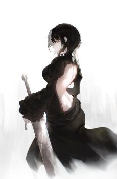 1girl absurdres alternate_costume backless_dress backless_outfit black_dress black_hair breasts commentary dress english_commentary frilled_sleeves frills greatsword grey_hair highres holding holding_sword holding_weapon hololive hololive_english juliet_sleeves kurochanai large_breasts long_hair long_sleeves looking_at_viewer median_furrow multicolored_hair planted planted_sword planted_weapon puffy_sleeves shiori_novella shoulder_blades solo split-color_hair sword virtual_youtuber weapon wide_sleeves yellow_eyes