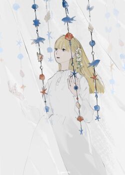 1girl blonde_hair curtains dress fish highres long_hair long_sleeves original seashell shell solo standing starfish sugarlisu white_dress