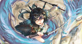 Rule 34 | 1girl, absurdres, arknights, arknights: endfield, black hair, blue horns, chen qianyu (arknights), commentary, cropped jacket, dragon, dragon girl, dragon horns, dragon tail, dual wielding, eastern dragon, eastern dragon horns, eastern dragon tail, gloves, highres, holding, holding sword, holding weapon, horns, jacket, long hair, long sleeves, looking up, lower teeth only, open clothes, open jacket, open mouth, single glove, smile, sword, tail, teeth, tometome1342, twintails, twitter username, twitter x logo, weapon