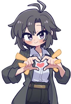 1girl antenna_hair belt black_eyes black_hair black_pants blush brown_belt closed_mouth coat collared_shirt cowboy_shot fis_(t83192933) grey_coat heart heart_hands highres idolmaster idolmaster_(classic) kikuchi_makoto long_hair long_sleeves pants shirt short_hair simple_background smile solo standing white_background white_shirt