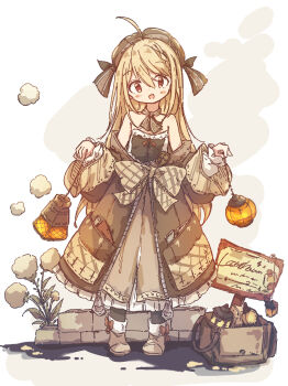 1girl absurdres bare_shoulders blonde_hair brown_coat chipie_0114 coat commentary full_body highres holding holding_lantern lantern long_hair long_sleeves looking_at_viewer off_shoulder open_mouth original standing