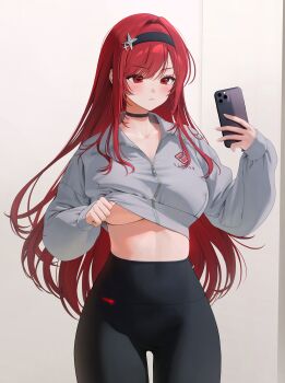 1girl absurdres alternate_costume black_choker black_hairband black_pants blush breasts cellphone choker closed_mouth clothes_lift collarbone commentary cowboy_shot crop_top frown goddess_of_victory:_nikke grey_jacket hair_between_eyes hair_intakes hair_ornament hairband hands_up high-waist_pants highres holding holding_phone indoors jacket jacket_lift large_breasts lifting_own_clothes long_hair long_sleeves looking_at_phone midriff no_bra pants phone rapi_(nikke) rapi_(red_hood)_(nikke) red_eyes red_hair selfie sleeves_past_wrists smartphone solo sparkle_hair_ornament standing underboob v-shaped_eyebrows very_long_hair yoga_pants zhu_yin_(mannermana) zipper zipper_pull_tab