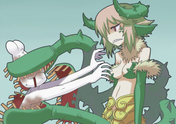 1girl armor armored_dress artist_self-insert bad_id bad_tumblr_id bare_shoulders breasts detached_sleeves dress faceless faceless_male hair_over_one_eye horns matsuda_yuusuke monster_girl navel nise_maou_dokuzeru original outstretched_arms pink_hair plant plant_girl red_eyes scales sharp_teeth short_hair tail teeth venus_flytrap yuusha_to_maou