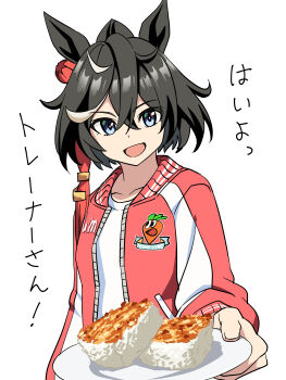 1girl absurdres animal_ears baasaku_(balasaku24) black_hair blue_eyes collarbone commentary_request food hair_between_eyes hair_ornament highres holding holding_plate horse_ears horse_girl jacket katsuragi_ace_(casual)_(umamusume) katsuragi_ace_(umamusume) long_hair long_sleeves looking_at_viewer multicolored_hair open_mouth plate ponytail red_jacket shirt simple_background smile solo streaked_hair tassel tassel_hair_ornament umamusume upper_body white_hair white_shirt