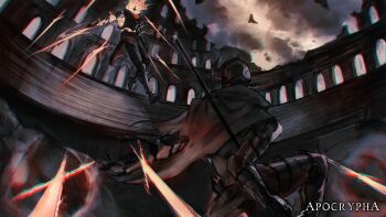 2others absurdres armor cape character_request check_copyright colosseum copyright_request debris faceless facing_another fate/apocrypha fate_(series) fighting floating floating_object floating_sword floating_weapon from_below full_body helmet highres holding holding_sword holding_weapon horns knight logicsterrr multiple_others multiple_weapons outstretched_leg rock ruins sword weapon