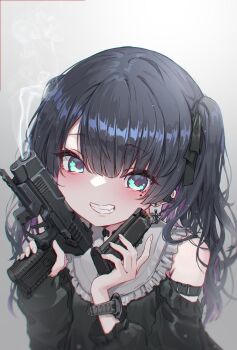 1girl absurdres aqua_eyes arm_strap bare_shoulders bib_collar black_dress black_ribbon blunt_bangs clothing_cutout cross cross_earrings dress earrings fang fingernails frilled_shirt_collar frills gothic_lolita gradient_background grey_background grin gun hair_ribbon handgun highres holding holding_magazine_(weapon) jewelry lolita_fashion long_hair long_sidelocks magazine_(weapon) messy_hair mole mole_under_eye oota_youjo original parted_hair ribbon shoulder_cutout sidelocks smile smoke smoking_barrel solo swept_bangs trigger_discipline twintails upper_body watch weapon weapon_request wristwatch