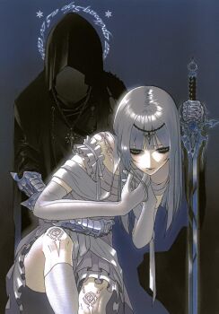 absurdres cloak elbow_gloves eyeshadow face_piercing frilled_sleeves frills gloves highres holding holding_sword holding_weapon hood hooded_cloak kneehighs lip_piercing makeup original pale_skin piercing snakebite_(piercing) socks straight_hair sword vinne weapon white_gloves white_hair