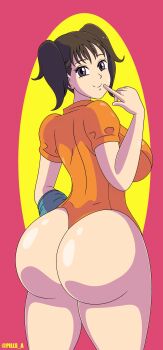 Rule 34 | 1girl, ass, ass focus, breasts, brown hair, diane (nanatsu no taizai), highres, horns, huge ass, large breasts, leotard, long hair, nanatsu no taizai, pills-in-a-cup, short sleeves, single horn, thong leotard, twintails