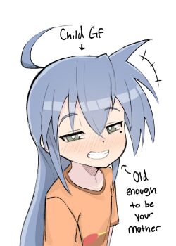 +++ 1girl ahoge anatomy_of_a_gamer_(meme) blue_hair blush bright_pupils clenched_teeth english_text green_eyes highres izumi_konata lolibaba long_hair lucky_star meme mole mole_under_eye nose_blush orange_shirt pointing_out_the_details shirt simple_background smug solo teeth upper_body white_background white_pupils zlix0n