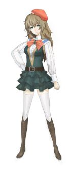 Rule 34 | 1girl, amane yuki, aqua dress, aqua eyes, belt, belt buckle, beret, black belt, boots, bow, breasts, brown boots, brown hair, buckle, chest bow, collared shirt, cowboy shot, dress, dress vest, frilled skirt, frills, full body, game asset, grin, hand on own hip, hat, highres, huke, knee boots, long hair, long sleeves, looking at viewer, medium breasts, official art, prototype design, red bow, red hat, ringed eyes, science adventure, shirt, short dress, simple background, skirt, smile, solo, steins;gate, steins;gate 0, tachi-e, thighhighs, white background, white thighhighs, zettai ryouiki