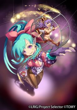 2girls aqua_hair black_pantyhose breasts cleavage copyright_notice daisharin_(wixoss) dong_zhuo_(wixoss) earrings facial_mark fingerless_gloves gloves heart heart_facial_mark i-la jewelry long_hair looking_at_viewer medium_breasts multiple_girls official_art open_mouth pantyhose pink_shirt pointy_ears ponytail purple_eyes purple_gloves purple_hair shirt sidelocks smile star_(symbol) star_facial_mark two_side_up very_long_hair wixoss