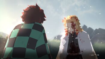 belt black_pants black_shirt blonde_hair blood blood_from_mouth brown_hair button_prompt checkered_haori closed_eyes dawn demon_slayer_uniform dying falling_leaves grass haori japanese_clothes kamado_tanjirou kimetsu_no_yaiba leaf pants rengoku_kyoujurou rock samidare_(hoshi) sekiro:_shadows_die_twice shirt spoilers translation_request user_interface white_belt white_haori